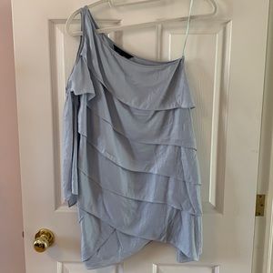 Pearl Blue BCBGMaxAzria mini dress with flounces and asymmetrical hem